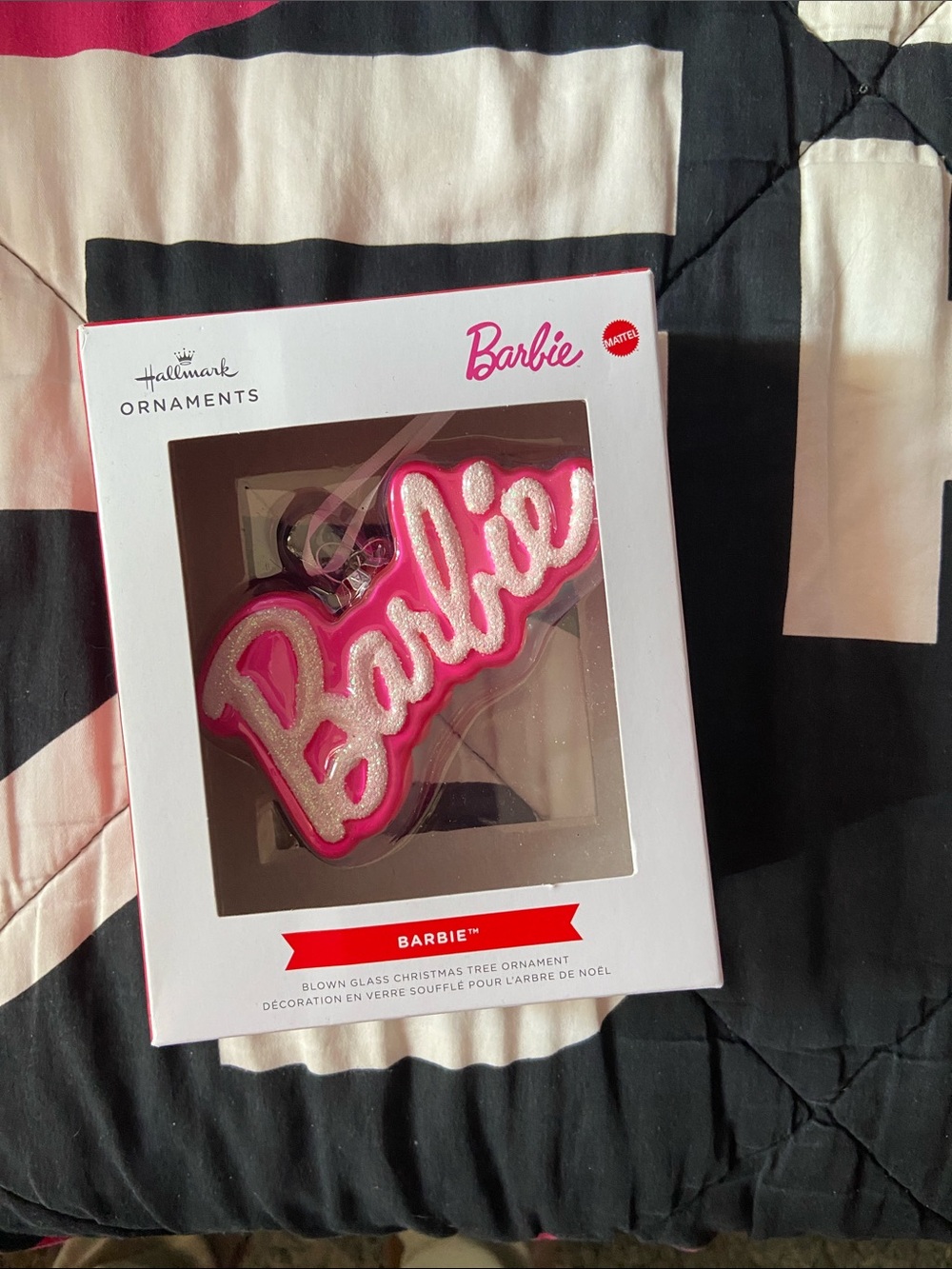 Hallmark Barbie Pink and White Glitter Script Ornament